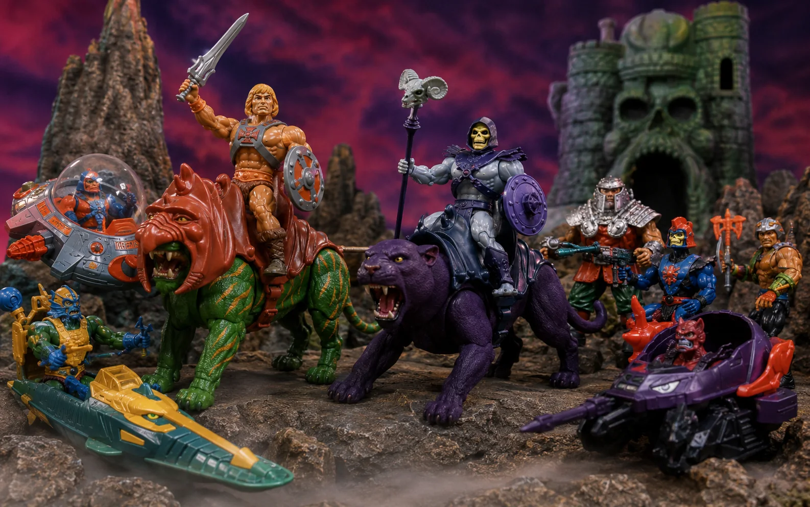 Fantasy hero and skull-faced villain riding armored tiger and panther beasts beside colorful 1980s toy vehicles.