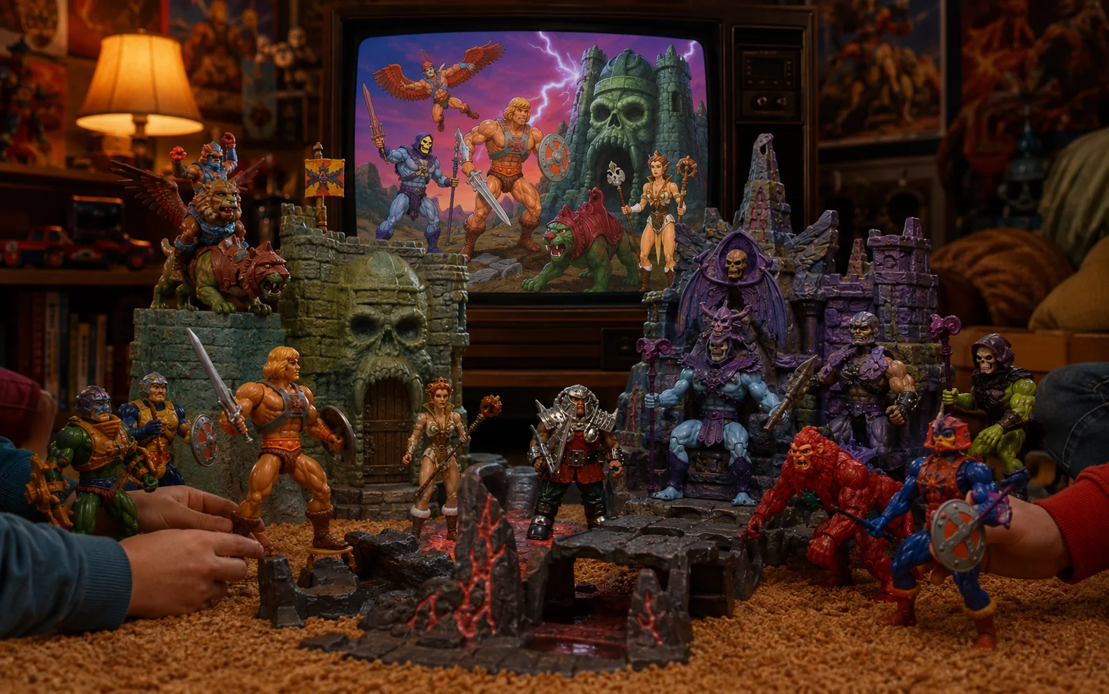 Animated fantasy heroes and villains on a CRT television mirrored by matching toys being played with on the carpet.