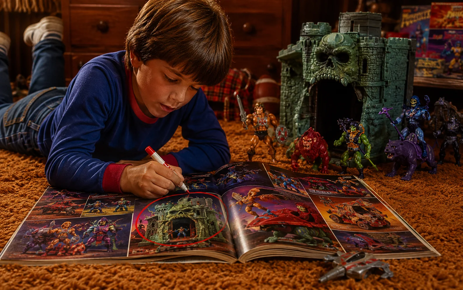 Child lying on shag carpet and circling a skull-faced castle and fantasy action figures in a Christmas toy catalog.