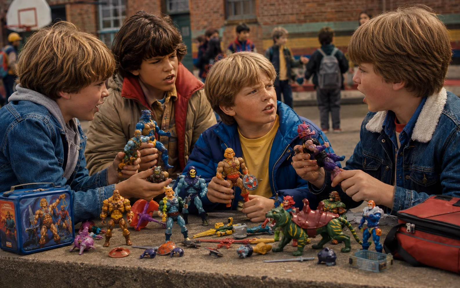 Children at recess debating and trading fantasy action figures, beasts, weapons, and accessories on a schoolyard table.