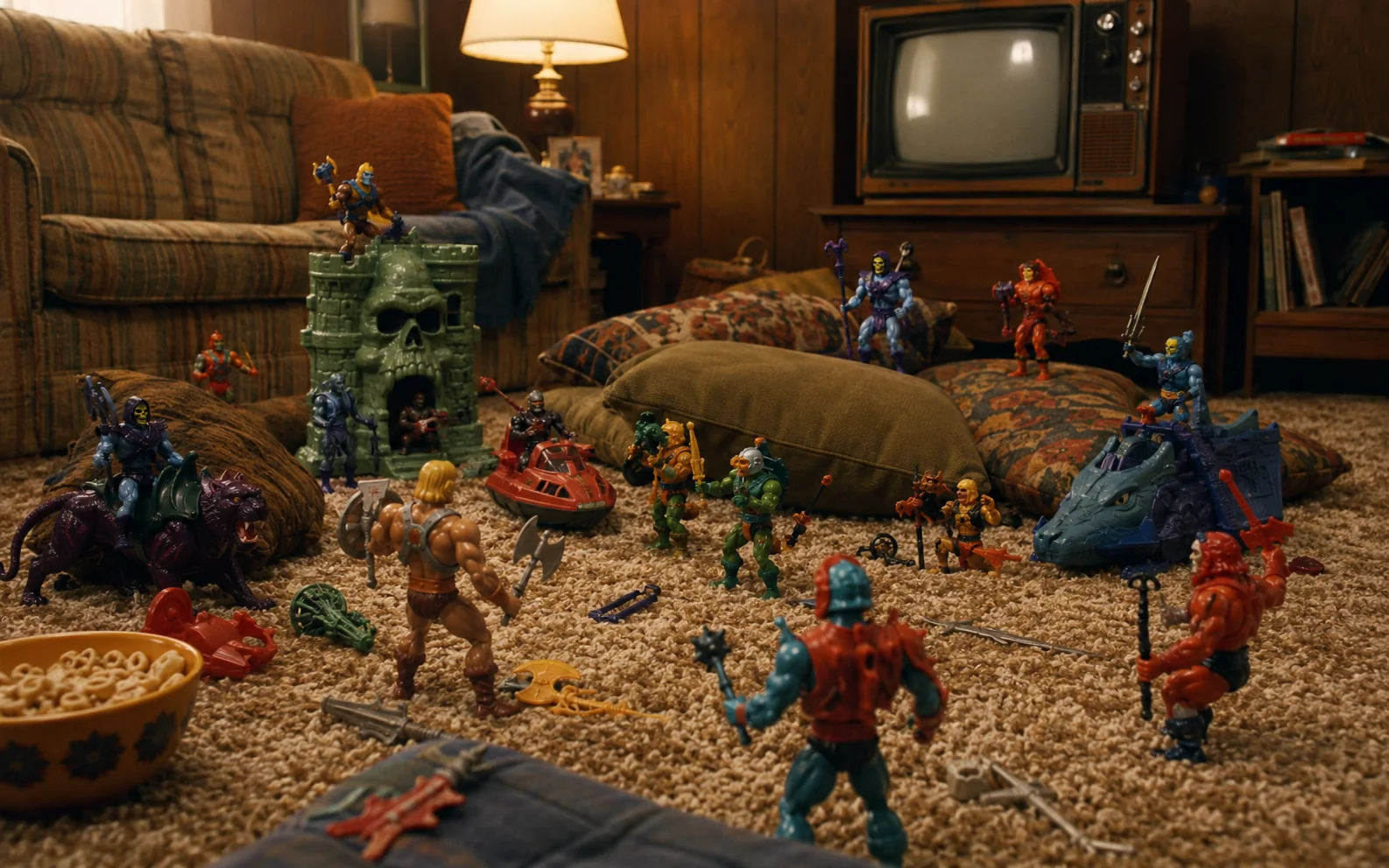 Large childhood fantasy action-figure battle spread across shag carpet in a warm wood-paneled 1980s living room.