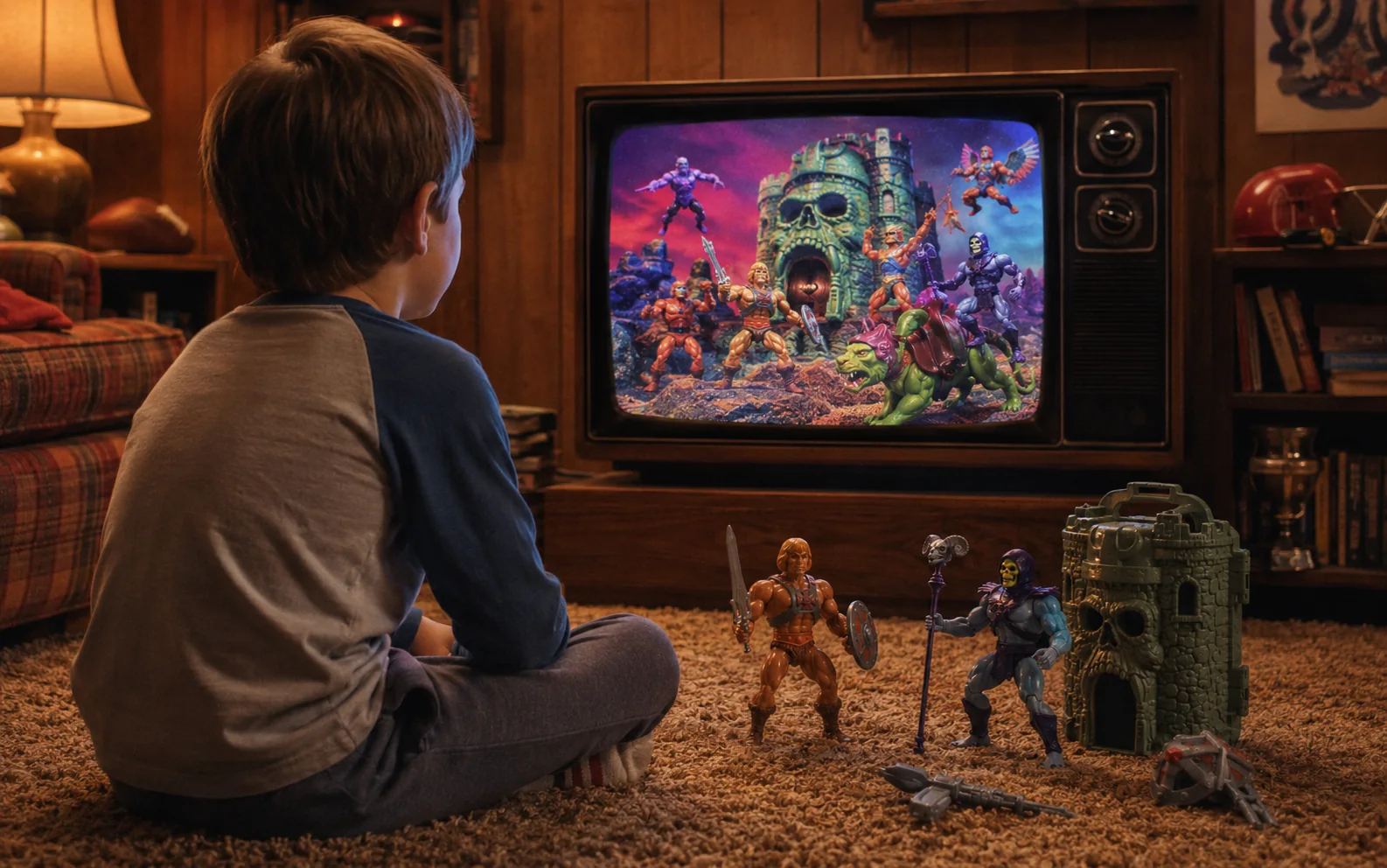 Child watching a fantasy action-figure commercial on a CRT television in a wood-paneled 1980s living room.
