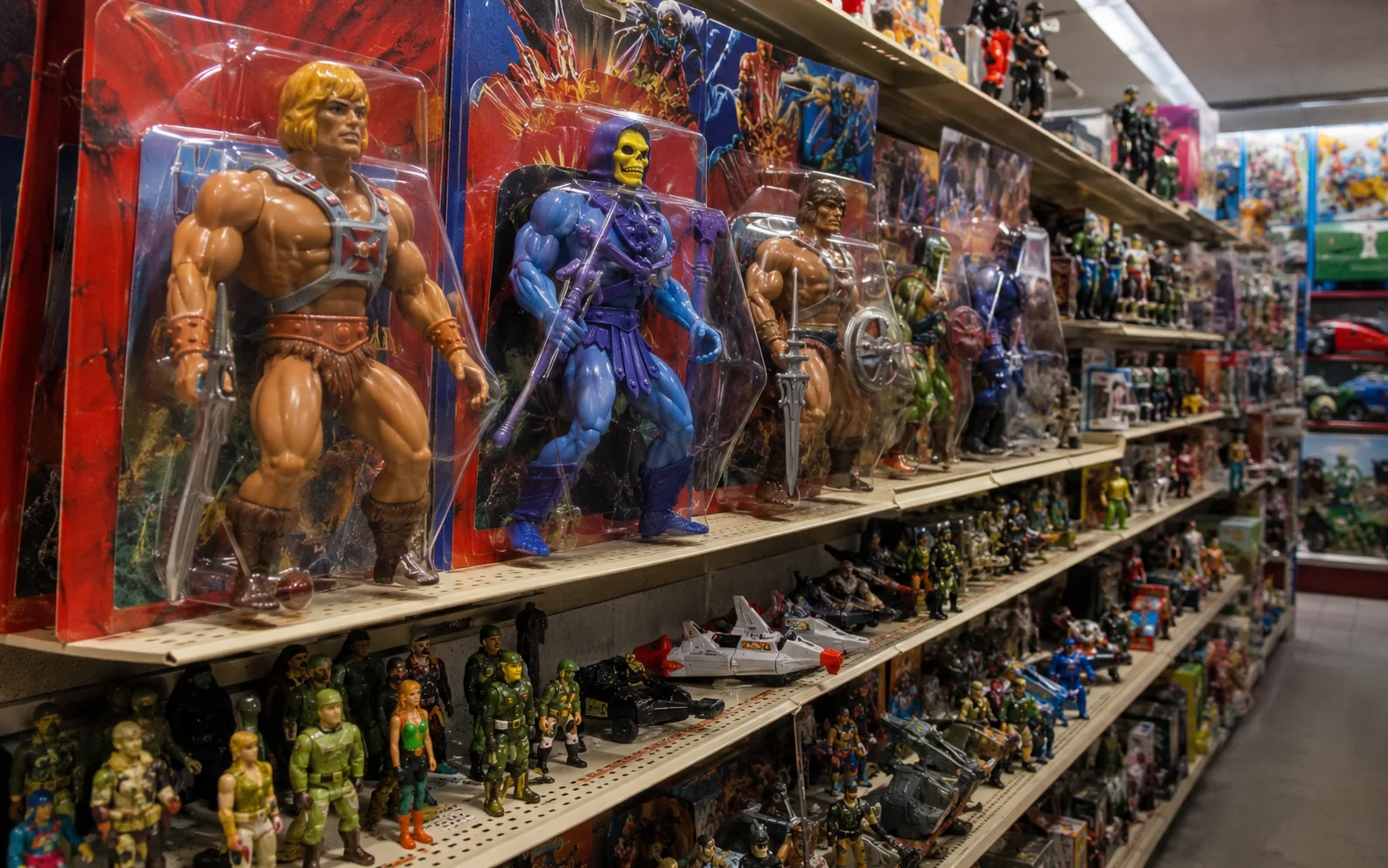 Early 1980s toy-store aisle filled with fantasy action figures as the larger He-Man-style toys take over the shelves.