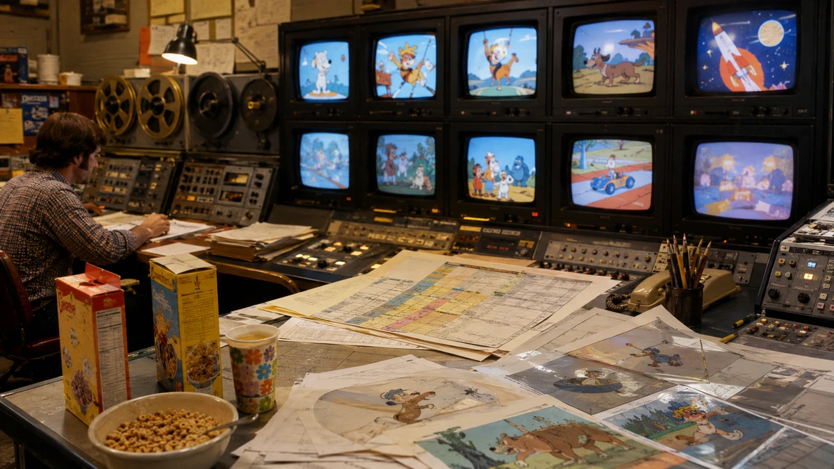 Vintage television control room producing colorful children’s animation in the 1970s