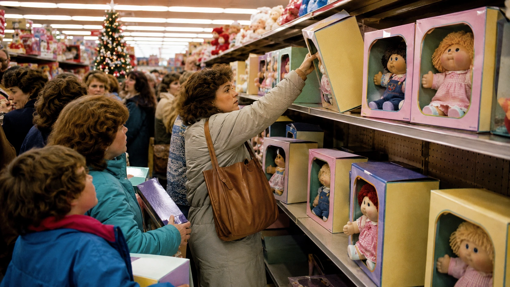 Crowded 1983 toy-store aisle as parents reach for boxed yarn-haired dolls during the Christmas shopping rush