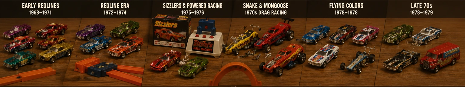 A chronological tabletop display of early Redline cars, Sizzlers, dragsters, Flying Colors and late-1970s blackwall vehicles