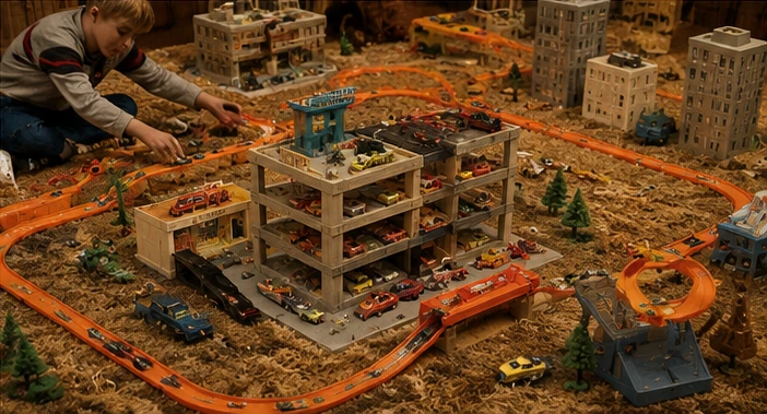 A child building a sprawling carpet city with orange track, parking garages, buildings, service vehicles and race cars