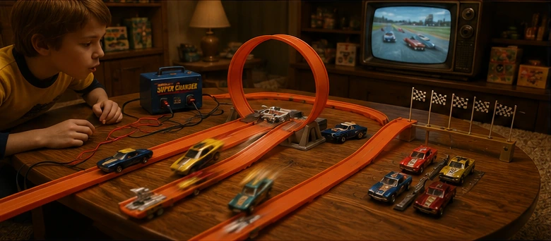 A child operating a dramatic orange-track race with a powered booster, loop and several moving cars beside a television