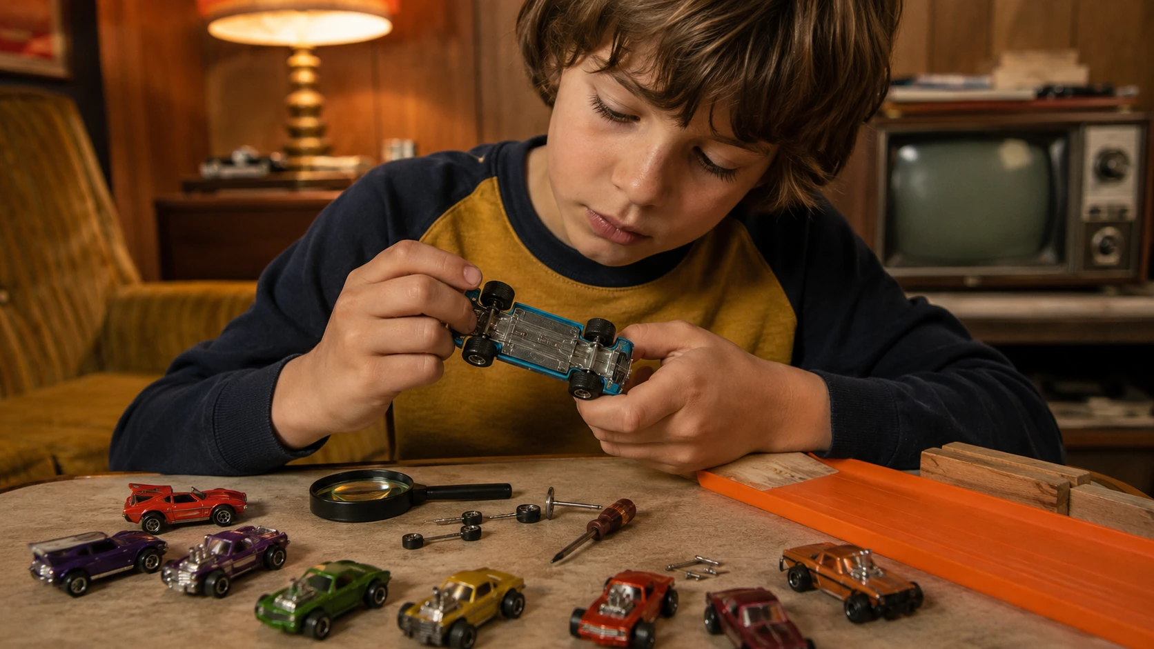 A child inspecting the underside, wheels and axles of a small die-cast racing car with tools and a magnifying glass