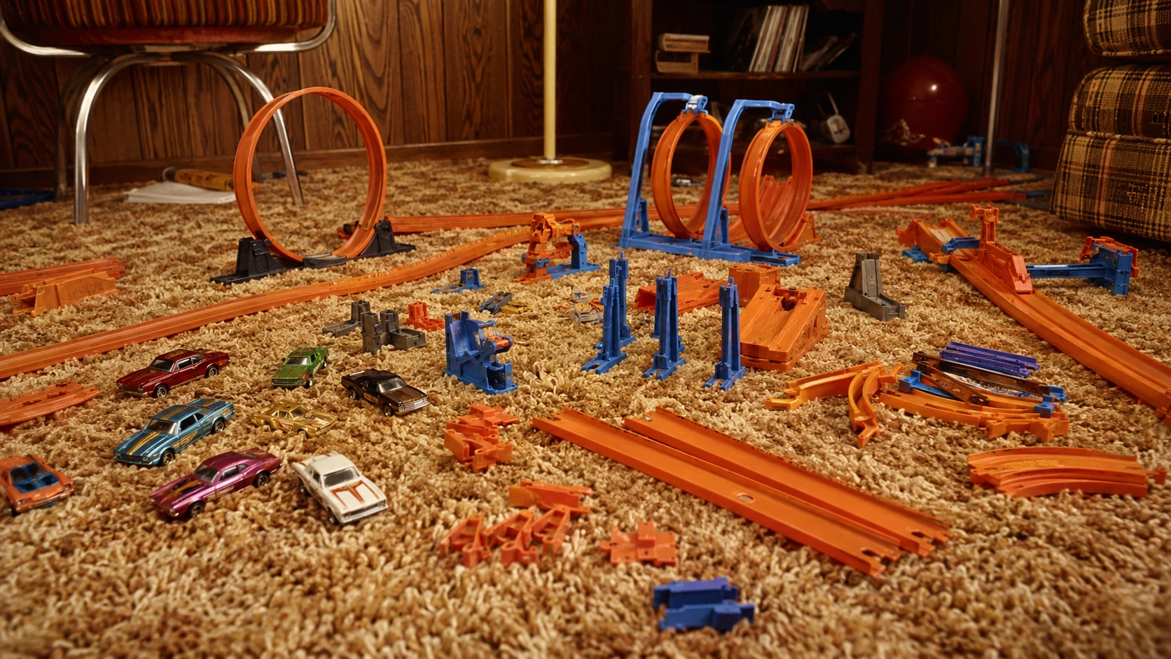 Orange track sections, connectors, loops, curves, ramps and blue supports spread across a 1970s shag carpet