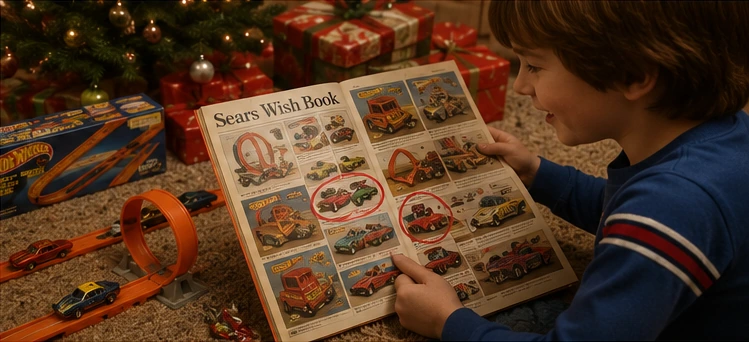 A child studying a Christmas Wish Book page filled with toy-car sets beside orange track and wrapped presents