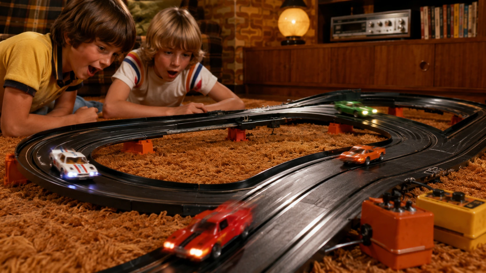 Two children watching rechargeable motorized toy cars race around wide black track in a 1970s family room