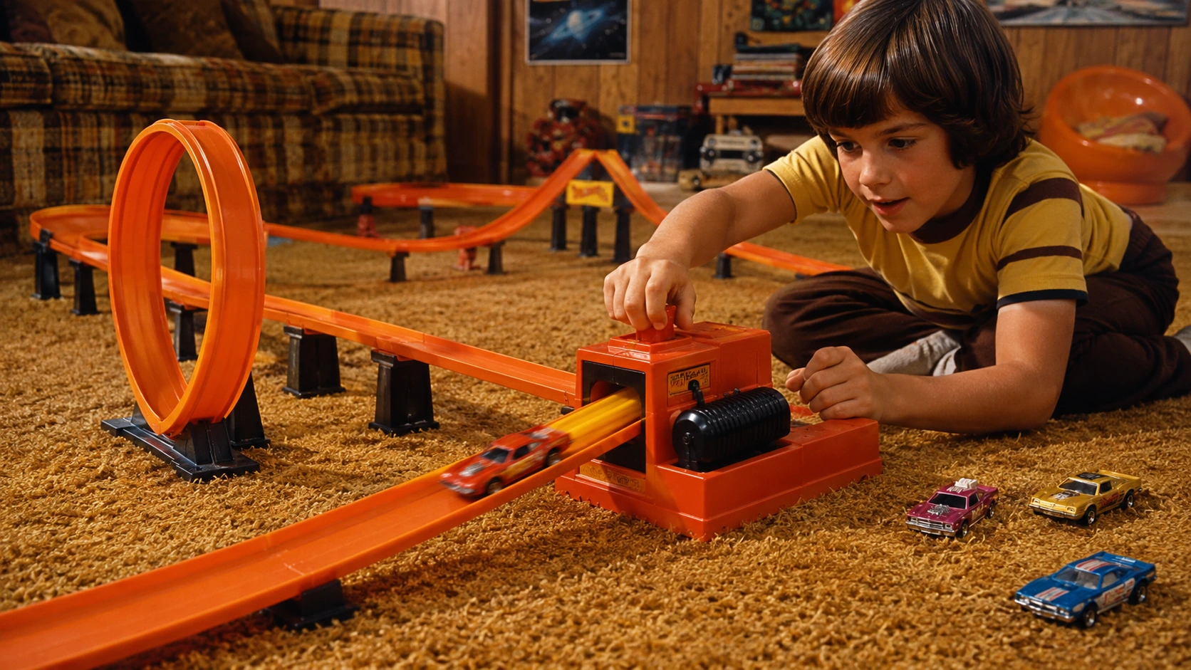 A child operating a red powered track booster that launches a car toward an orange loop
