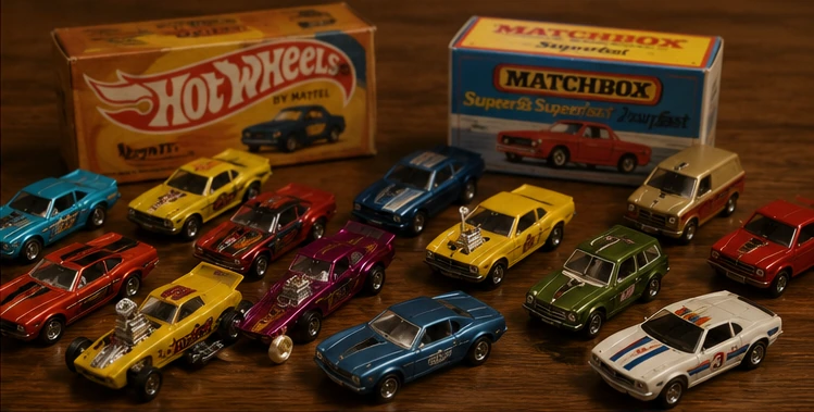 Bright custom racing cars displayed beside more realistic 1970s die-cast sedans and service vehicles
