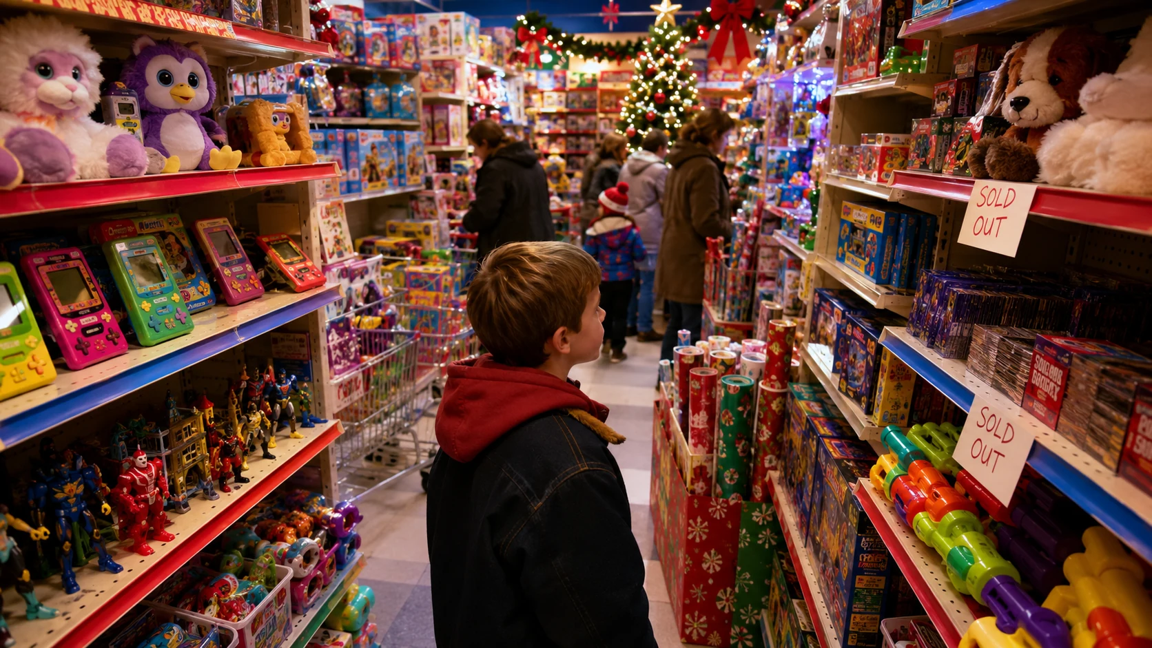 Crowded 1990s toy store during the Christmas shopping rush