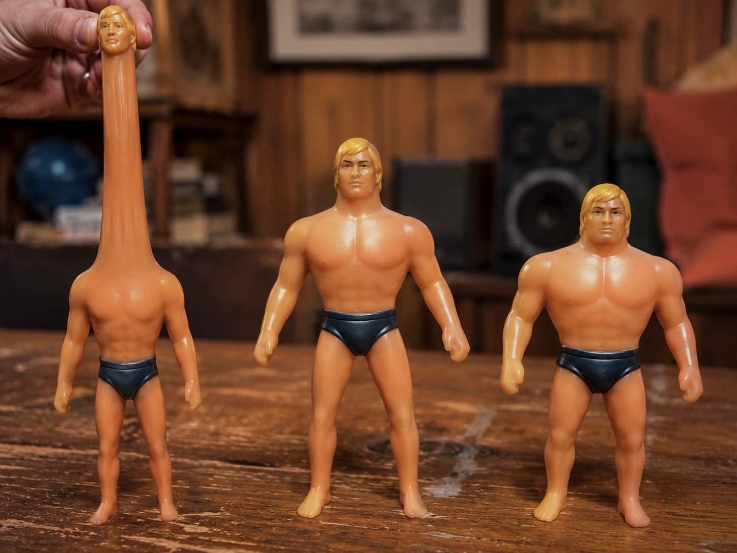 Stretch Armstrong shown elongated, normal and partially recovered to demonstrate how the toy returned to shape