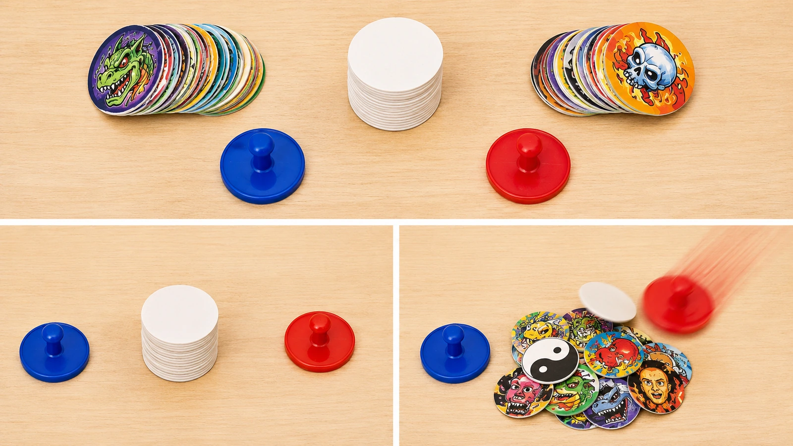 Overhead Pog game setup showing equal piles, a face-down stack, slammers and flipped caps