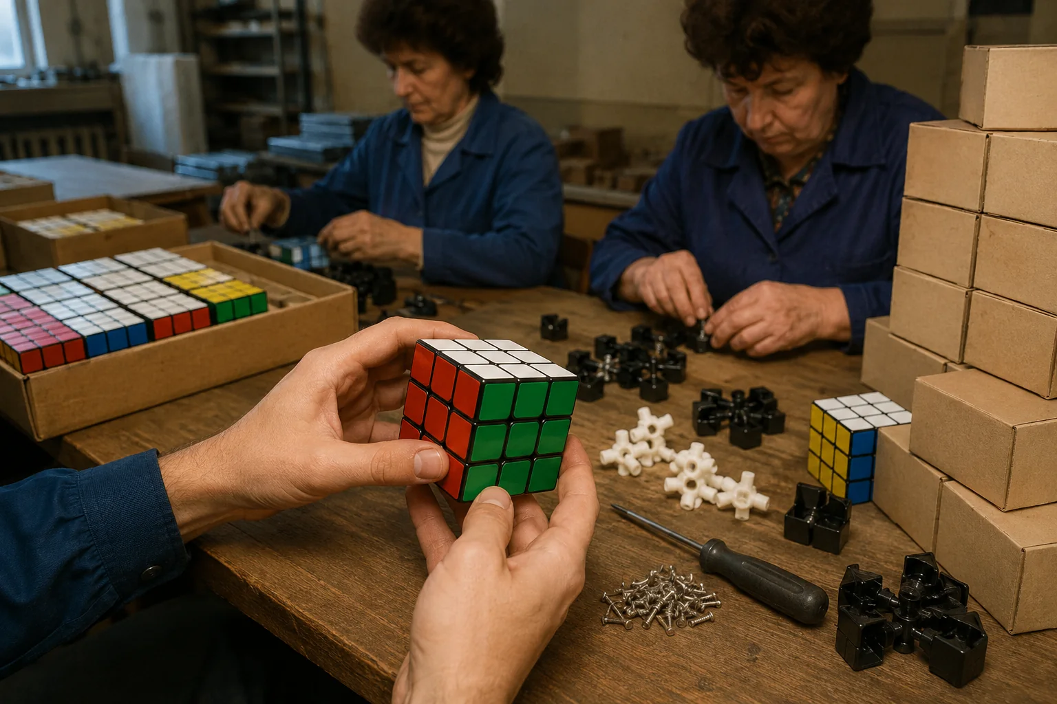 Early Hungarian toy workshop where workers assemble black plastic color-matching cubes beside loose mechanisms, tools, and plain cardboard boxes.