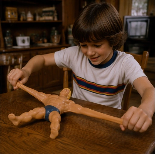 Child examining the face, body shape and limbs of a Stretch Armstrong figure on a table