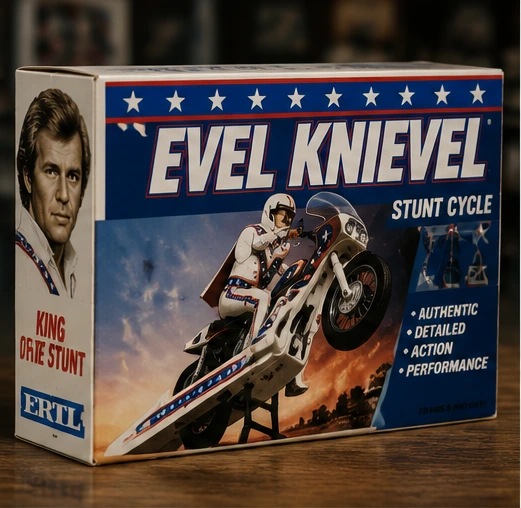 Vintage Evel Knievel Stunt Cycle box and motorcycle arranged for collector identification