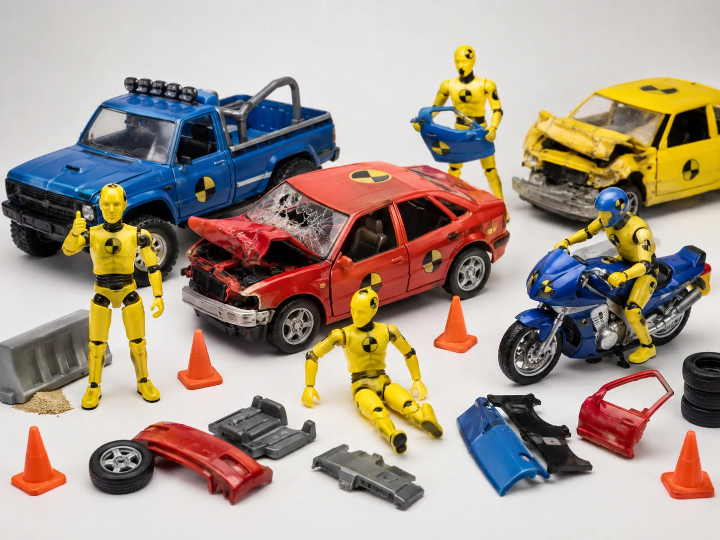 Crash-test dummy action figures with damaged toy vehicles and traffic cones