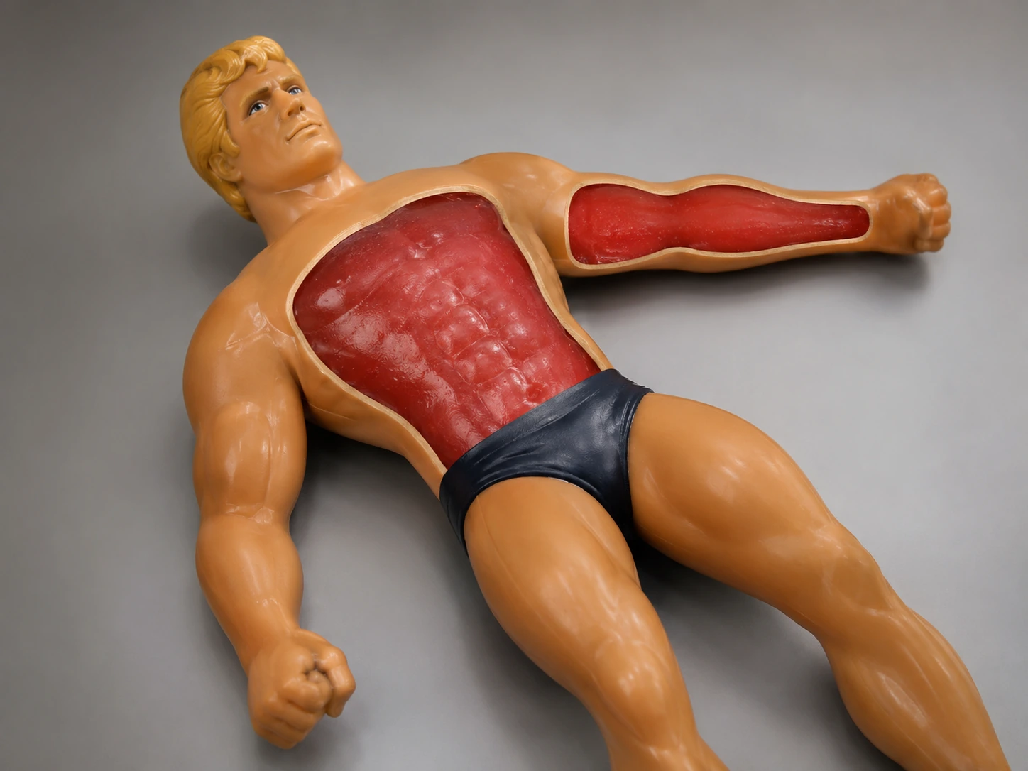 Cutaway demonstration of an original-style Stretch Armstrong showing flexible skin and thick red gel filling