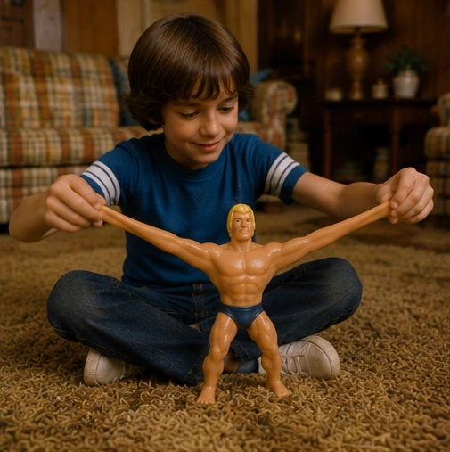 Child playing with a Stretch Armstrong-style figure representing international and later variations