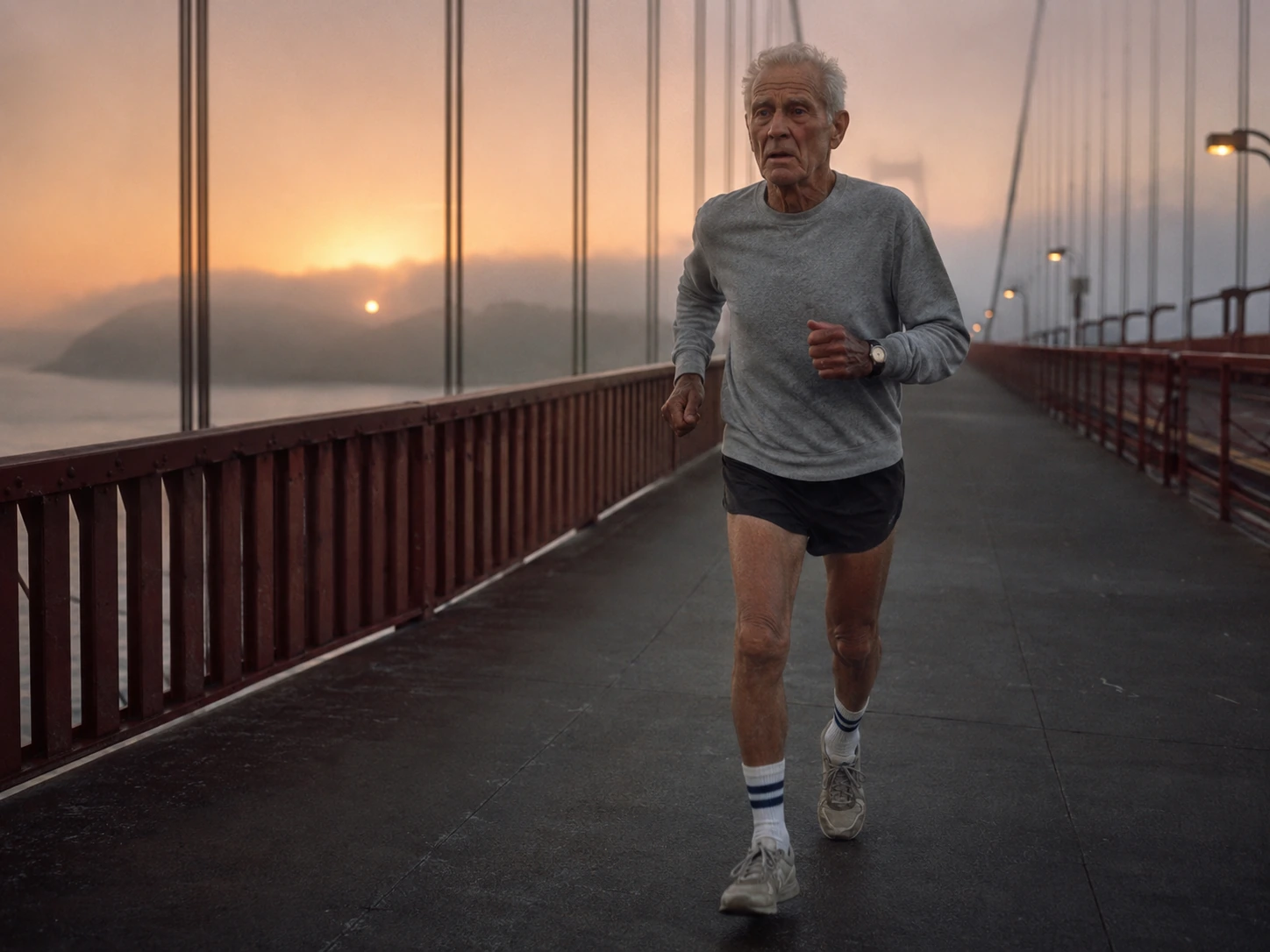 Older runner jogging across a foggy suspension bridge at sunrise in late-1980s running clothes