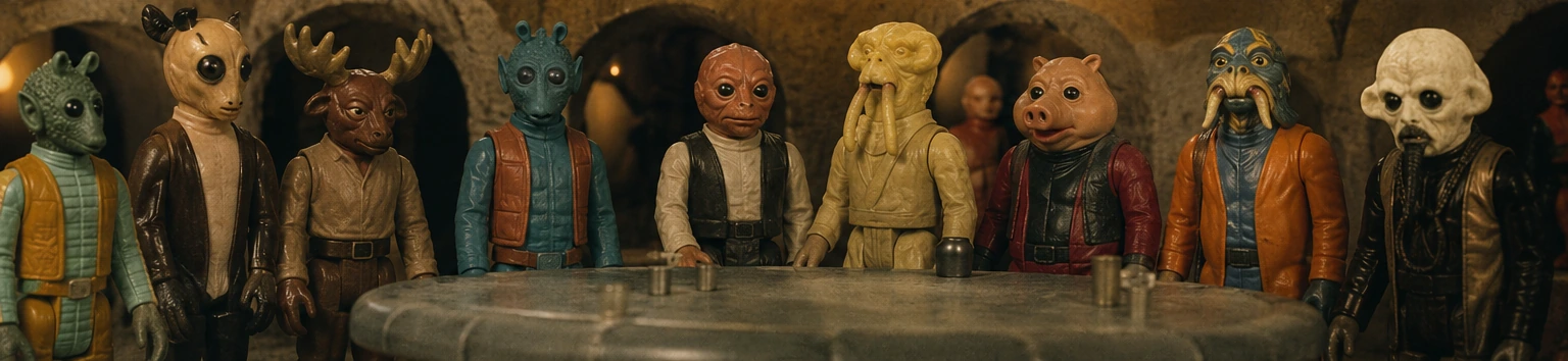 A lineup of strange late-1970s cantina alien action figures posed inside a dim toy bar environment
