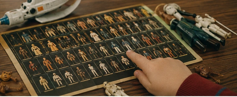 A child pointing at a large action-figure checklist while loose figures and spacecraft sit around the table