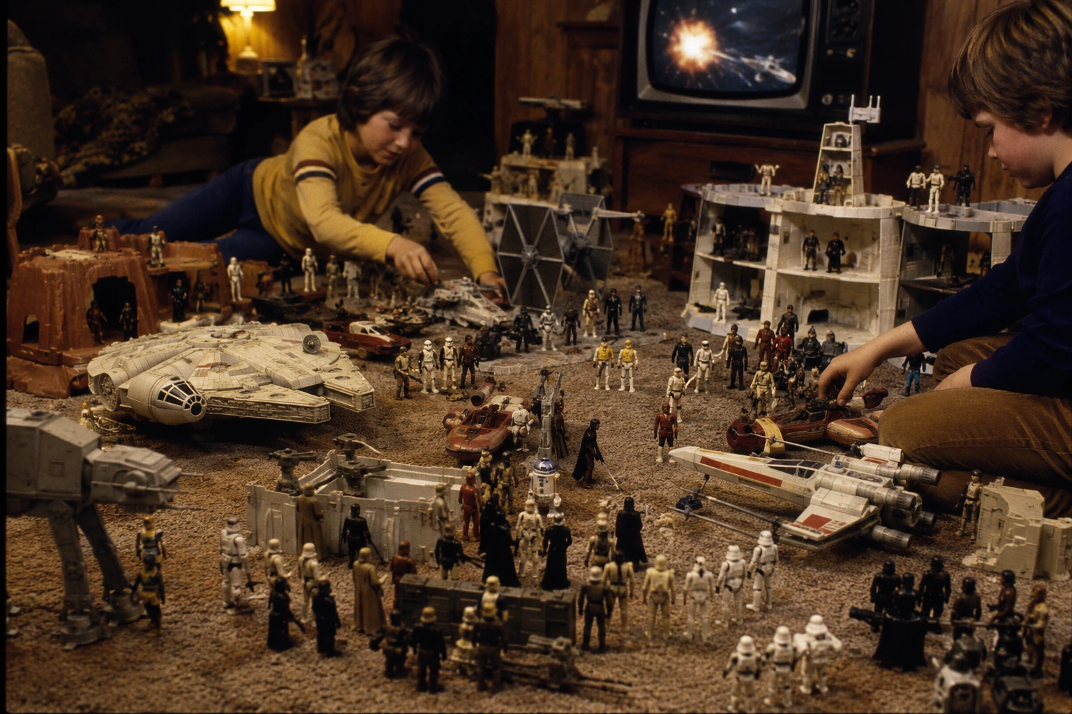 A large late-1970s space-toy collection spread across a family-room carpet with children actively moving figures and ships