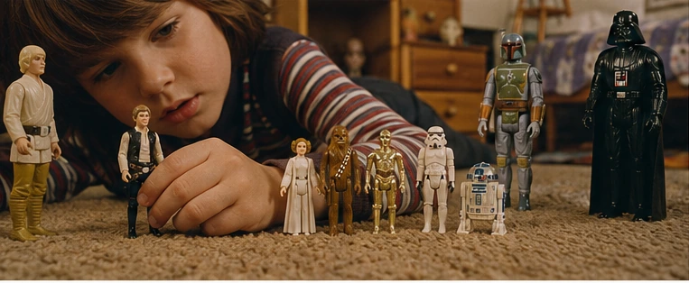 A child comparing small three-and-three-quarter-inch space figures during floor play