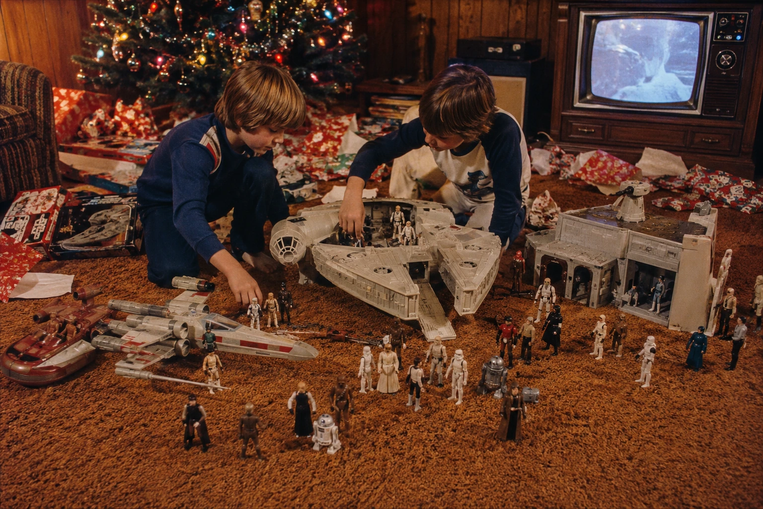 Children playing among large late-1970s spacecraft, figures and playsets in front of a Christmas tree and television