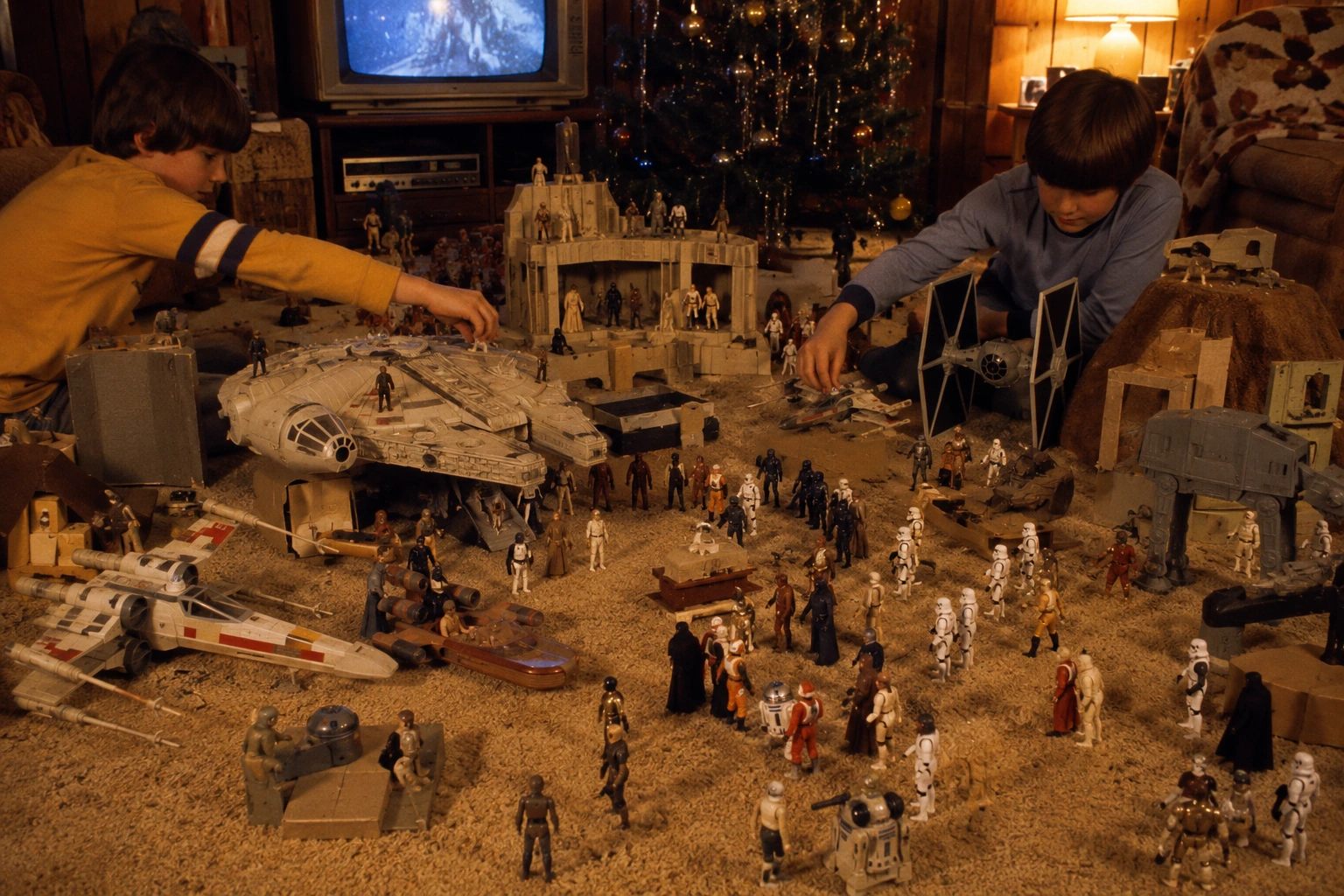 A sprawling late-1970s toy galaxy filling a wood-paneled living room with figures, ships, bases and homemade scenery