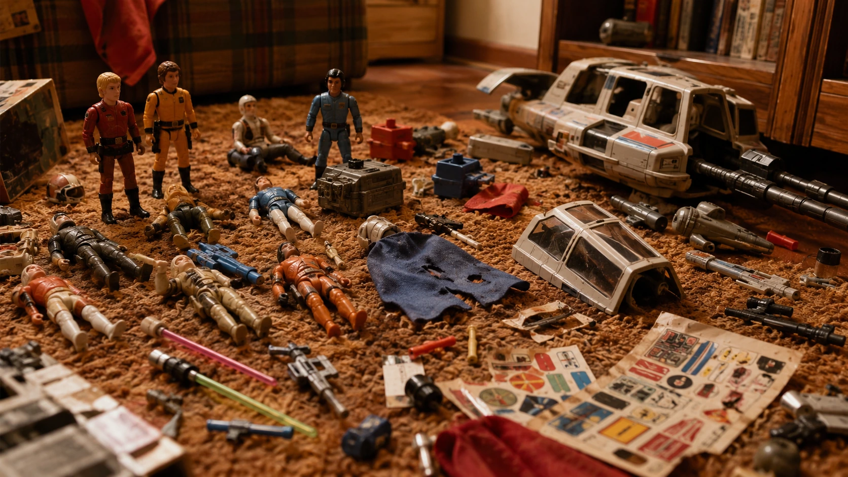 Well-played vintage action figures surrounded by tiny blasters, capes, lightsabers, decals and loose vehicle parts on shag carpet