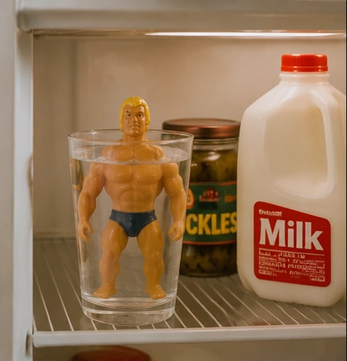 Stretch Armstrong involved in a playful household experiment reflecting Kenner's late-1970s feature-toy era