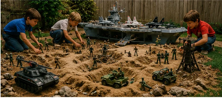 Children staging a large military action figure battle in a backyard sandbox with trenches, tanks, jeeps, bases, aircraft, and scattered accessories.