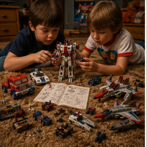 Two children on shag carpet using instruction sheets to transform complicated robot toys with loose missiles, fists, cars, and jets spread around them.