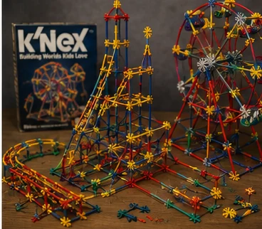 Large colorful K’NEX construction with towers tracks and moving structures
