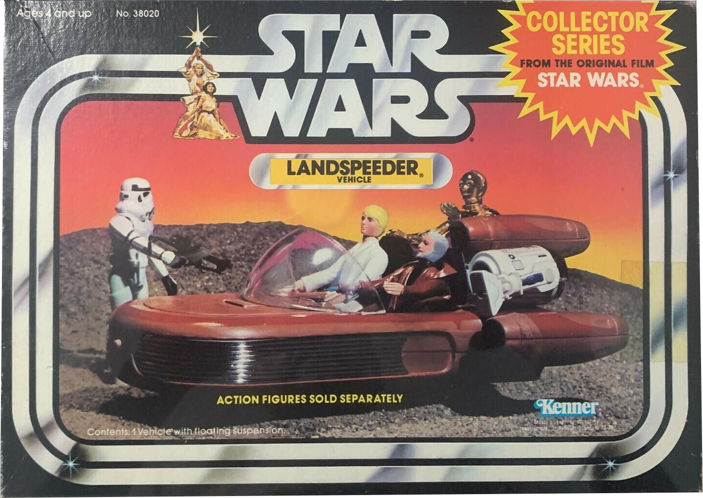 Vintage landspeeder toy photographed with a small pilot figure