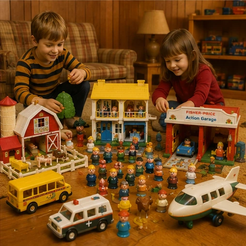 Two children playing with a shared Little People collection in a wood-paneled 1970s living room