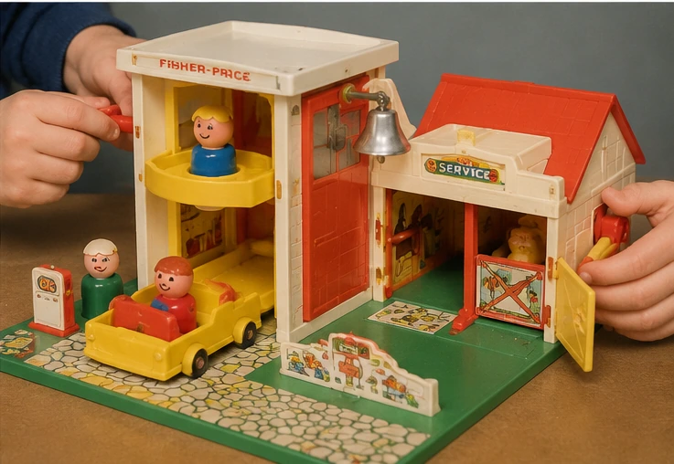 Hands operating the elevator, bell, doors and car ramps of a classic Little People playset