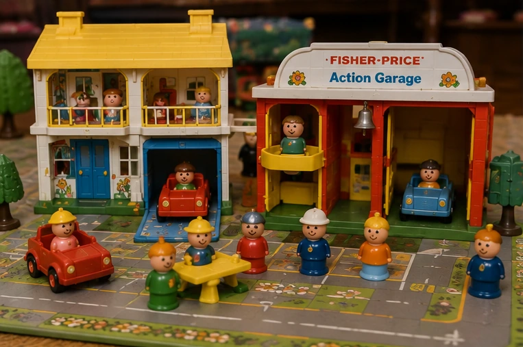Little People House and Garage joined by printed roads, cars, furniture and community figures