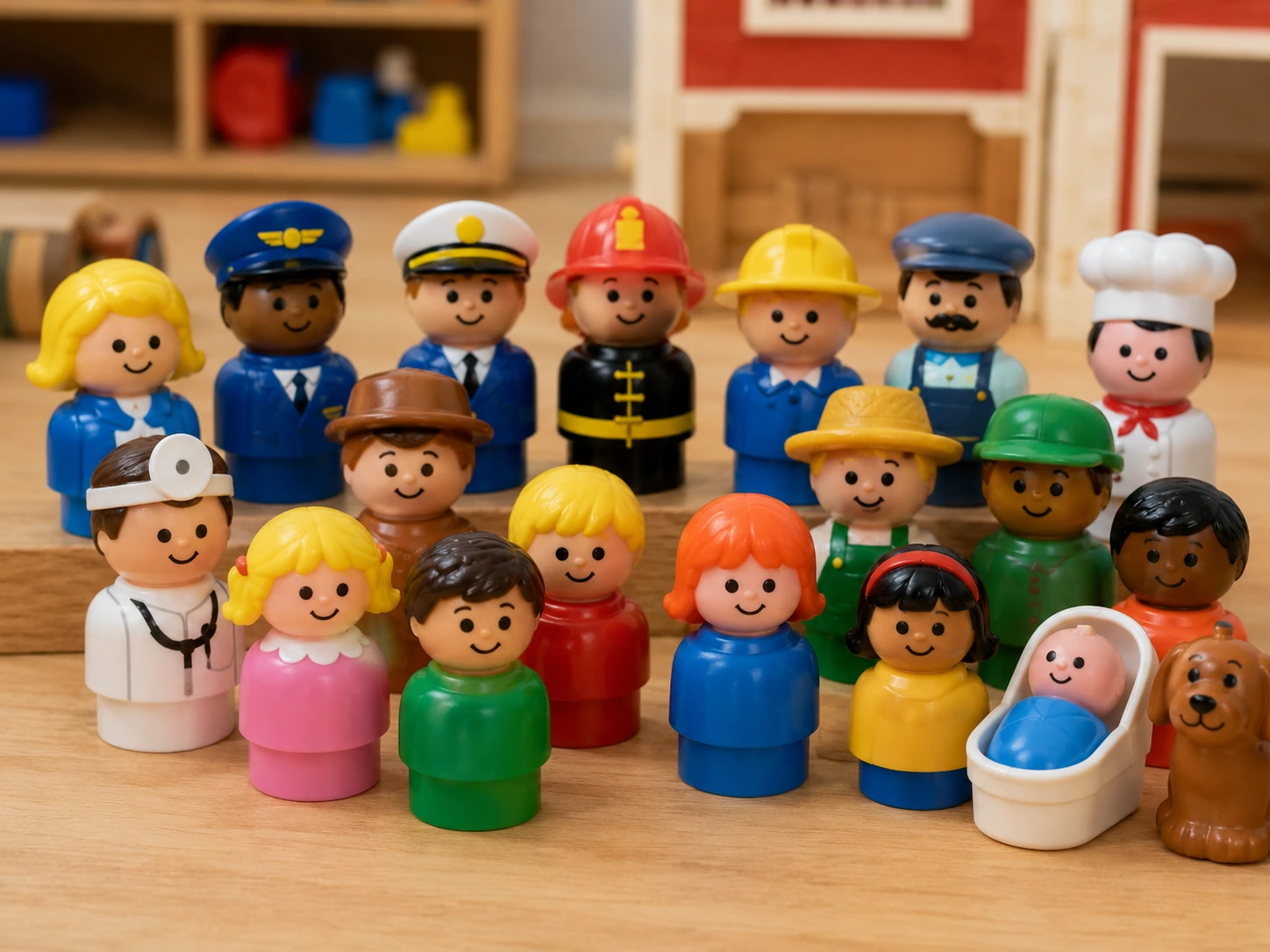 Little People community figures including pilot, firefighter, doctor, farmer, chef, parents, children and dog