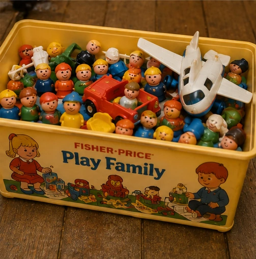 Large vintage toy bin filled with mixed Little People figures, cars, airplane and loose accessories