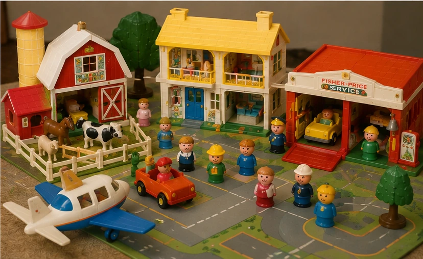 Children inventing an open-ended Little People story across Farm, House, Garage and Airport sets