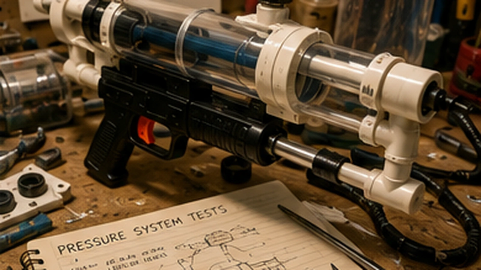 Late-1980s engineering workbench with homemade pressure water blaster prototype, gauges, tubing and sketches