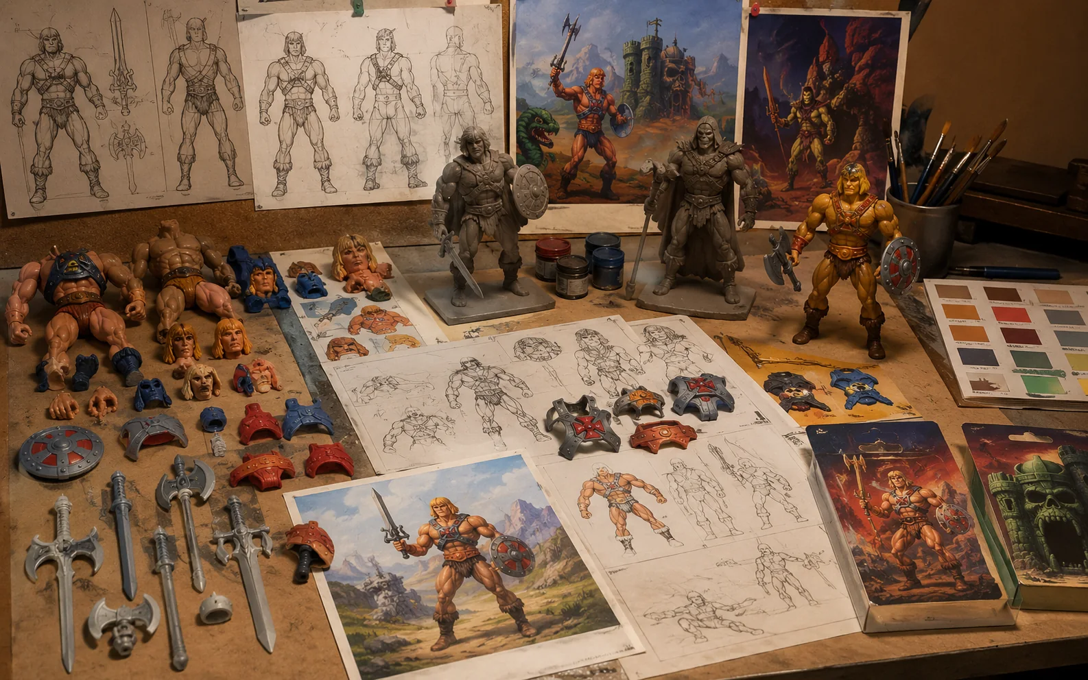Vintage toy-design workspace with muscular action-figure prototypes, armor, weapons, sketches, and packaging concepts.