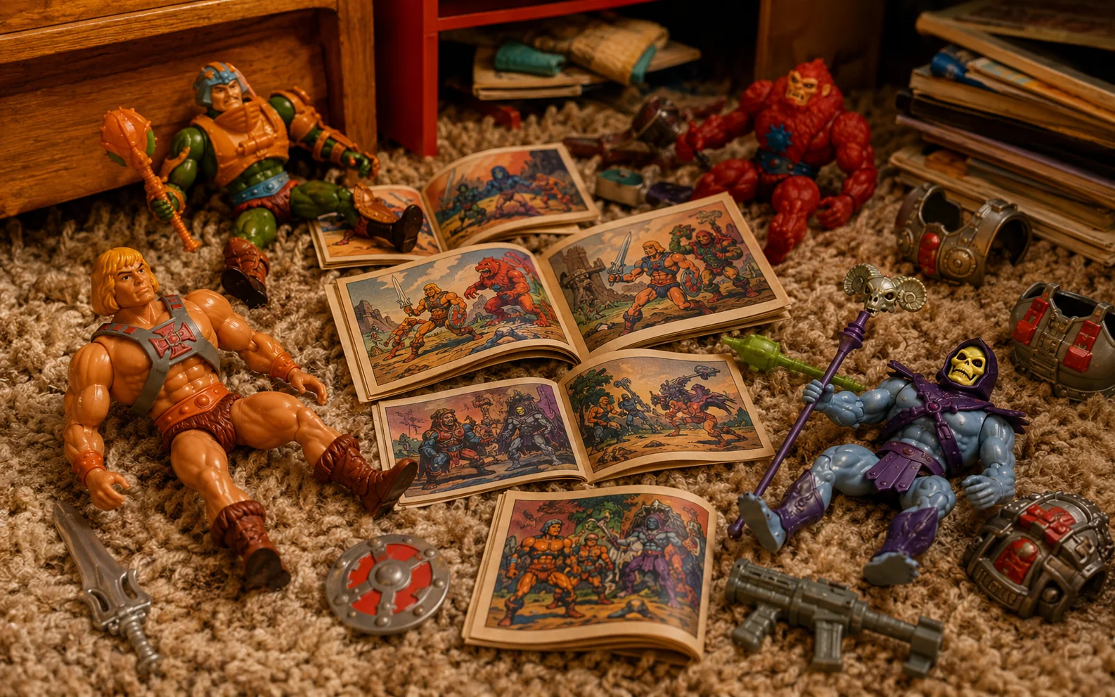 Vintage fantasy mini-comics spread across shag carpet beside loose action figures, weapons, armor, and accessories.