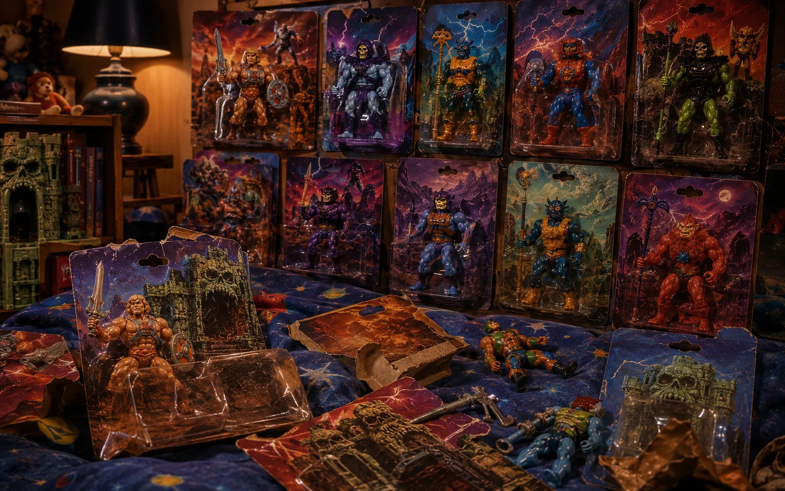 Vintage fantasy action figures in colorful blister-card packaging with loose toys, weapons, and torn cardbacks nearby.